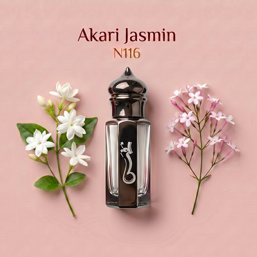 A perfume bottle labeled 'Akari Jasmin N116' centered on a soft pink background, flanked by white jasmine flowers on the left and pale pink blossoms on the right.