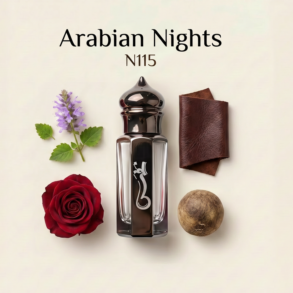 A perfume bottle labeled 'Arabian Nights N115' arranged on a light cream background with a red rose, a small purple flower, a brown leather piece, and a brown spherical object. The bottle is clear glass with dark liquid and a silver-toned decorative emblem.