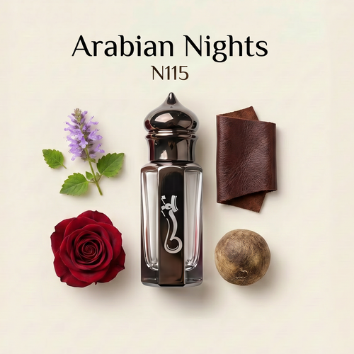 A perfume bottle labeled 'Arabian Nights N115' arranged on a light cream background with a red rose, a small purple flower, a brown leather piece, and a brown spherical object. The bottle is clear glass with dark liquid and a silver-toned decorative emblem.