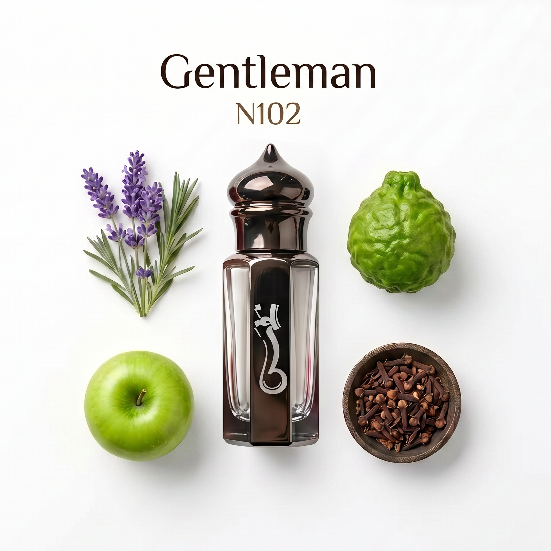 A perfume bottle labeled 'Gentleman N102' centered on a white background, surrounded by scent ingredients: a green apple, lavender sprigs, a green citrus peel, and a small bowl of brown spices.