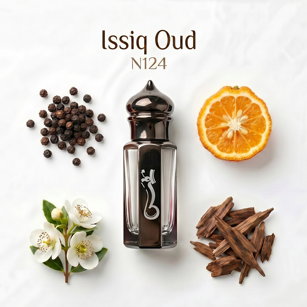 Issiq Oud N124 perfume bottle with spices and flowers on a white background