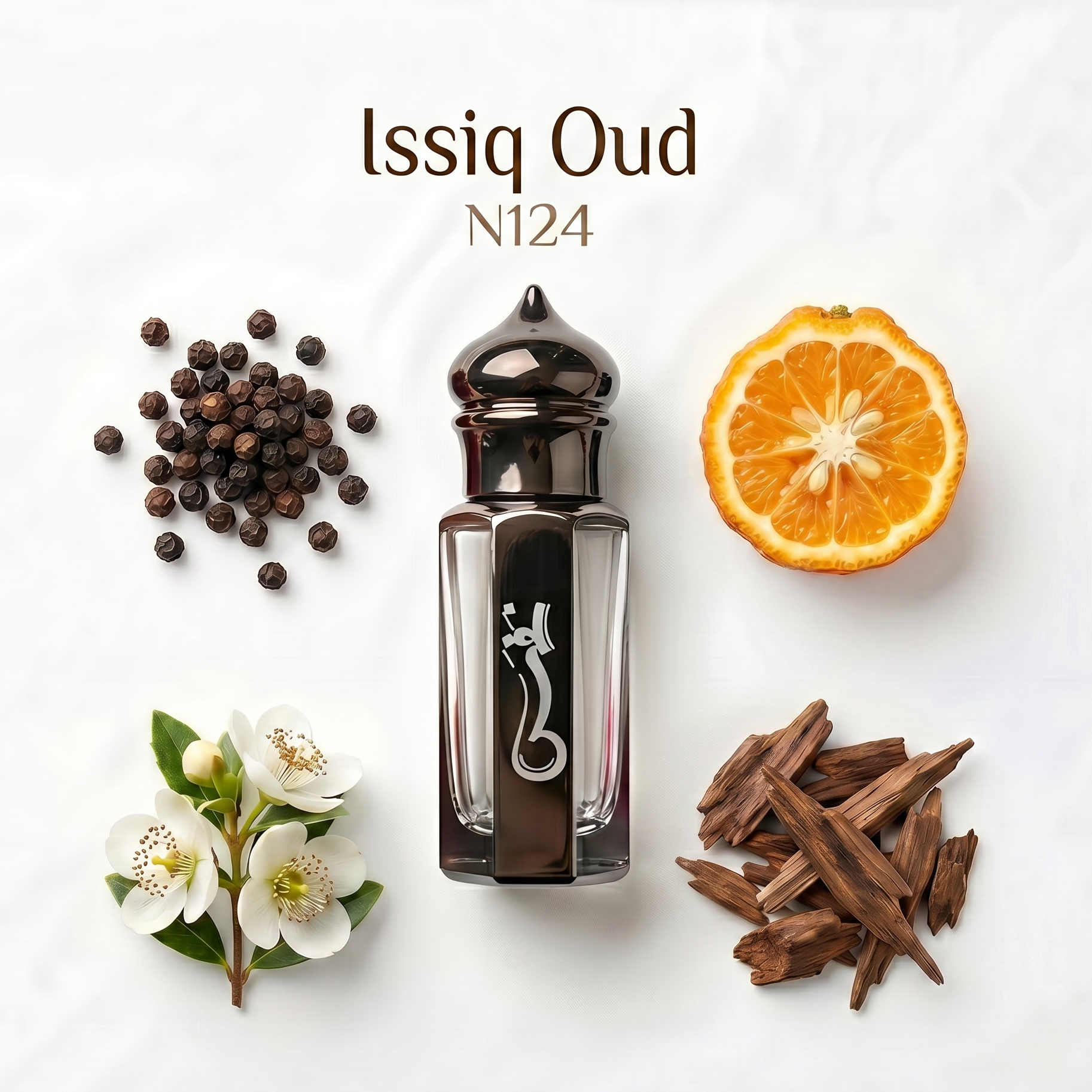 Issiq Oud N124 perfume bottle with spices and flowers on a white background
