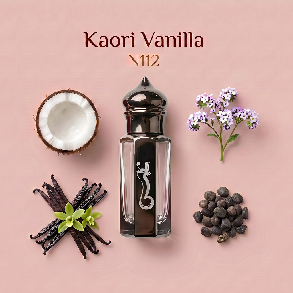 A perfume bottle labeled 'Kaori Vanilla N112' centered on a dusty pink background, surrounded by styled ingredient props: a halved coconut, vanilla beans with a small green flower, purple flowers, and dark vanilla seeds.