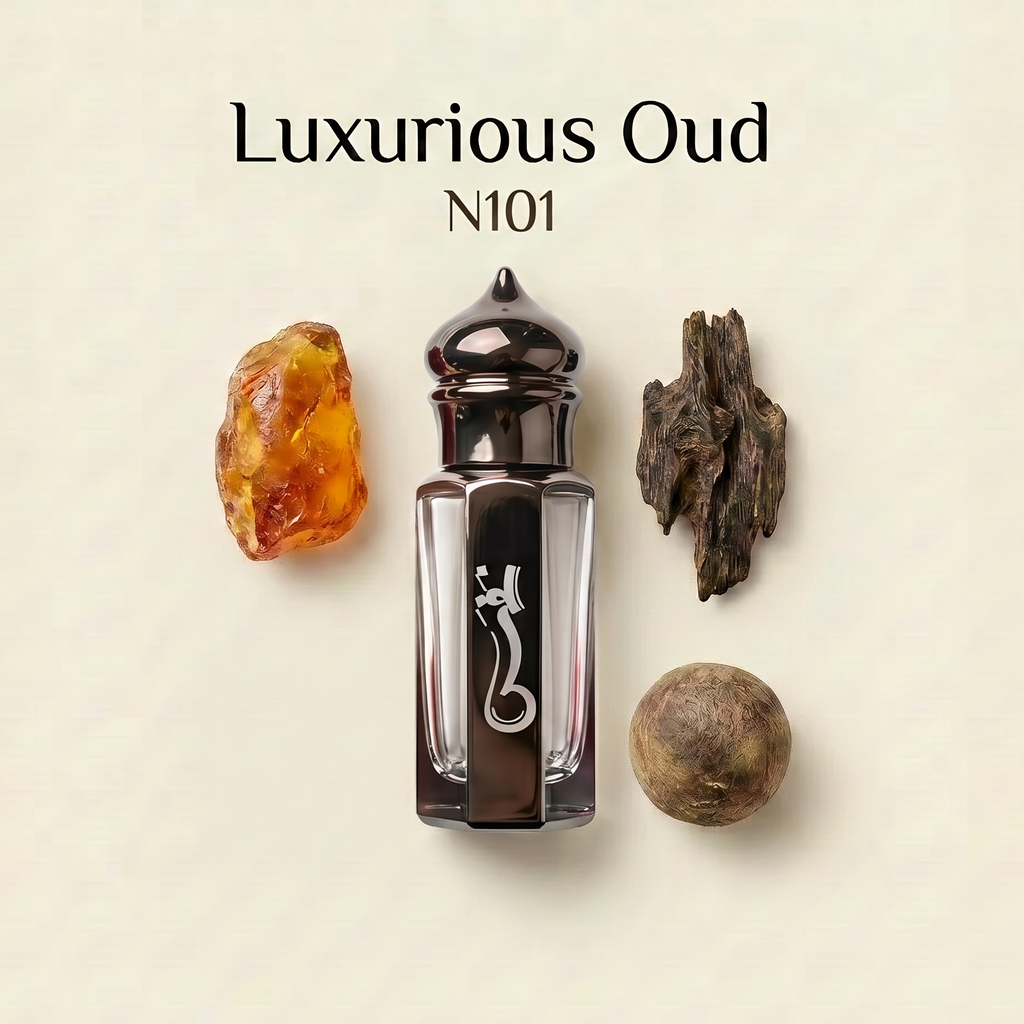 Luxurious Oud N101 perfume bottle with amber, wood, and earthy botanical elements on a light beige background.