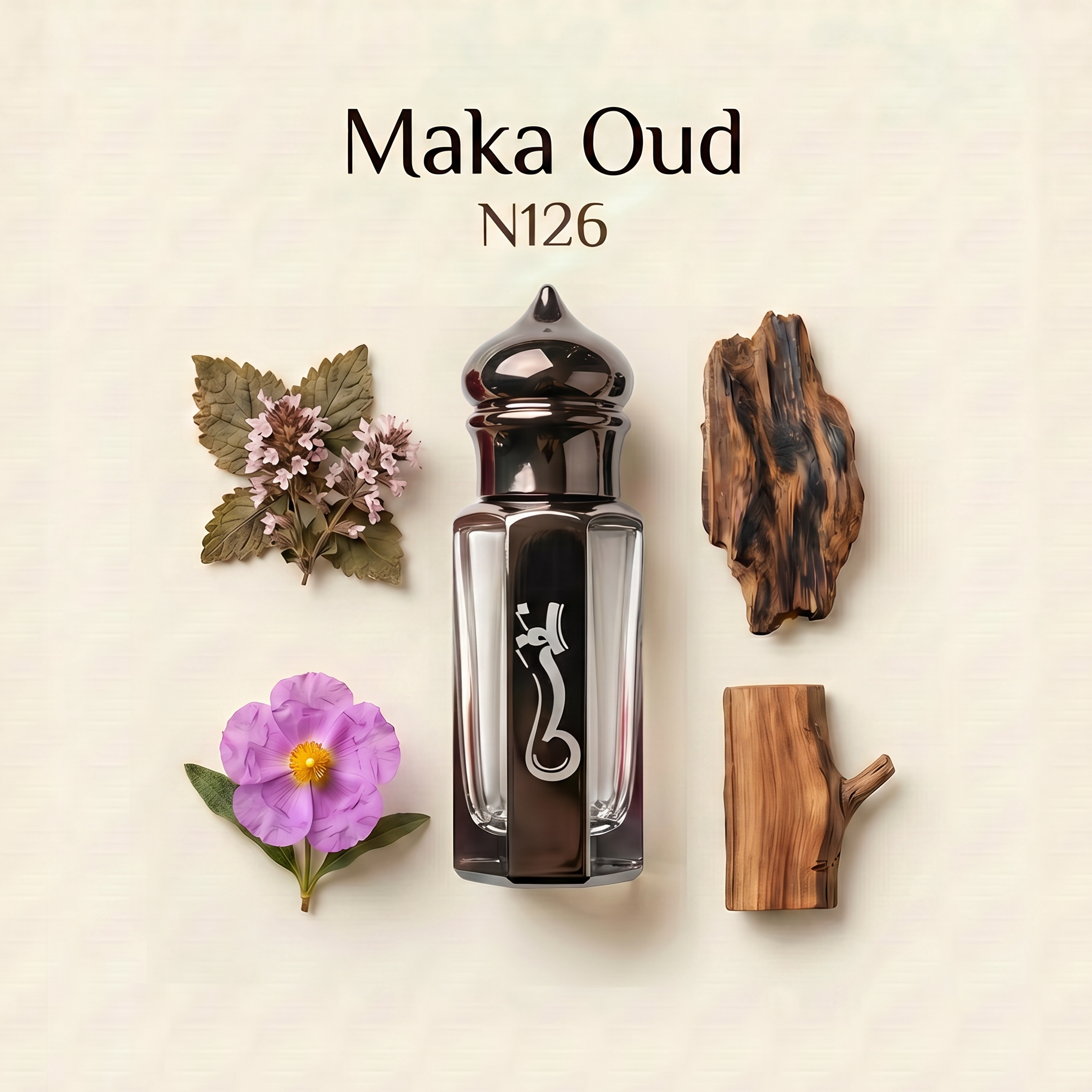 A perfume bottle labeled 'Maka Oud N126' centered on a light cream background, surrounded by botanical and wood props including a purple flower, green leaves, pink blossoms, a dark bark piece, and a small wood slice. The bottle is clear glass with a glossy black cap and a dark central label featuring a white abstract design.