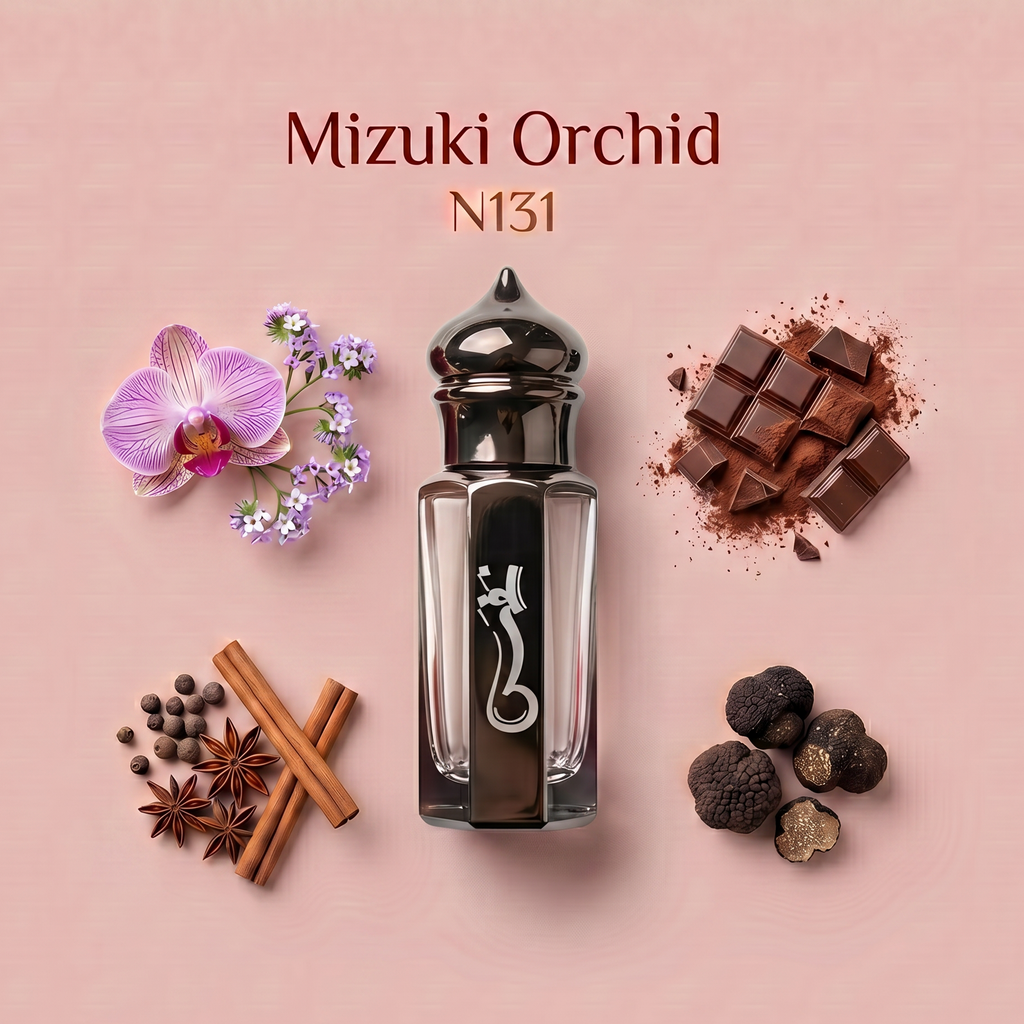 A perfume bottle labeled 'Mizuki Orchid N131' centered on a dusty pink background, surrounded by decorative ingredients including a purple orchid flower, cinnamon sticks, star anise, cocoa chunks, and hazelnuts. The bottle is clear glass with a glossy black cap and a silver snake motif on the front.