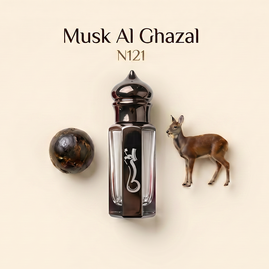 A perfume bottle labeled 'Musk Al Ghazal N121' on a warm cream background, shown with a dark amber spherical object and a small deer figurine beside it.