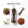 A perfume bottle labeled 'Myrrhe Frais N133' centered on a white background, surrounded by scent ingredients: dried myrrh berries with green leaves, vanilla pods, white flowers, and cinnamon sticks.