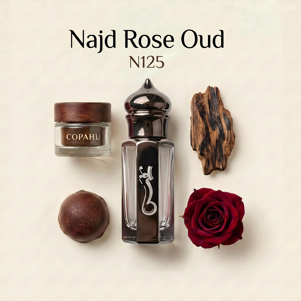 A perfume fragrance presentation labeled 'Najd Rose Oud N125' on a light beige background, featuring a small jar with a dark wood lid labeled COPAHU, a dark glass perfume bottle with a silver snake emblem, a brown spherical object, a piece of dark wood, and a deep red rose.