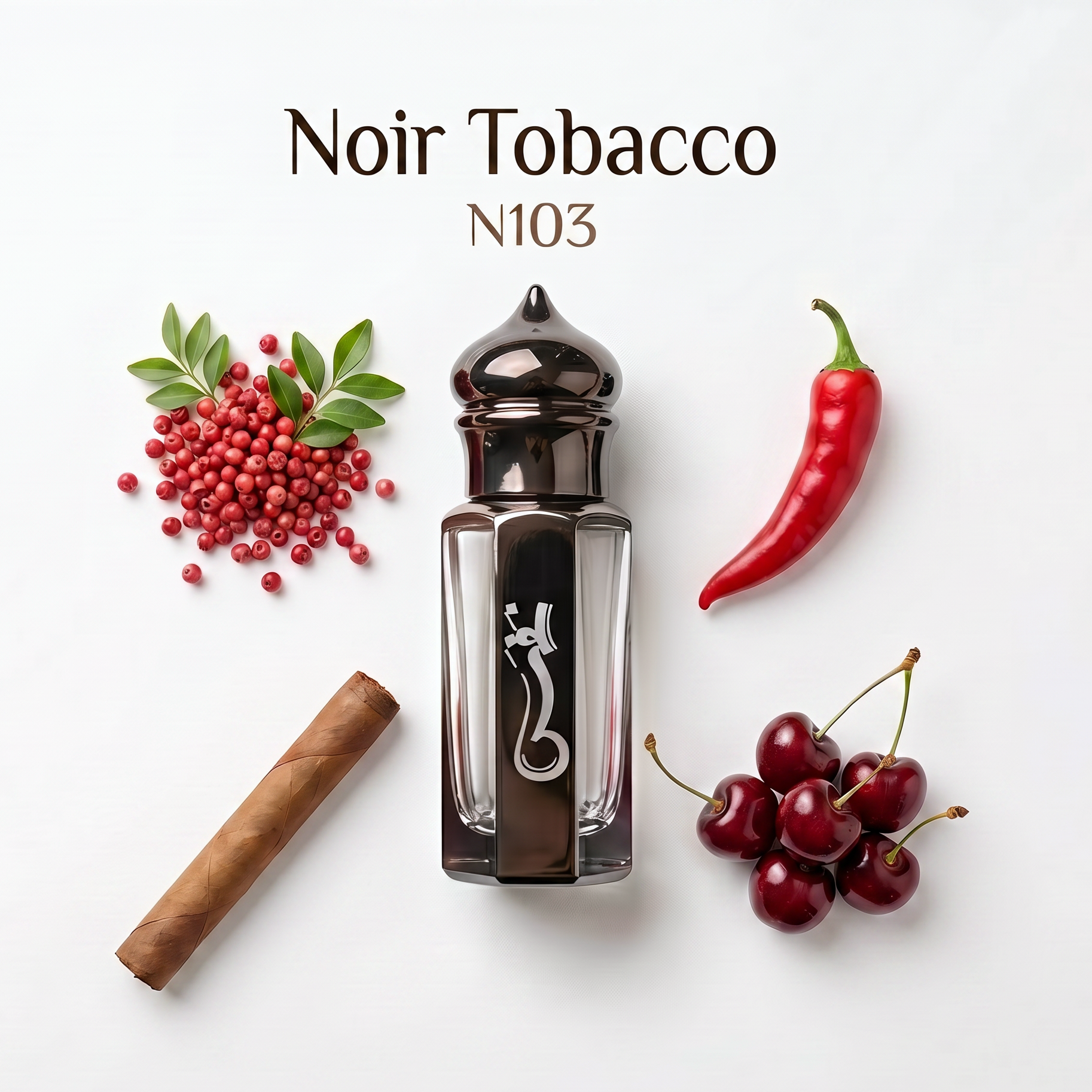 A glass and metal vaporizer bottle labeled 'Noir Tobacco N103' on a white background, surrounded by flavor-themed props: red berries with green leaves, a red chili pepper, a brown cigar, and a cluster of dark red cherries. Text at the top reads 'Noir Tobacco N103'.