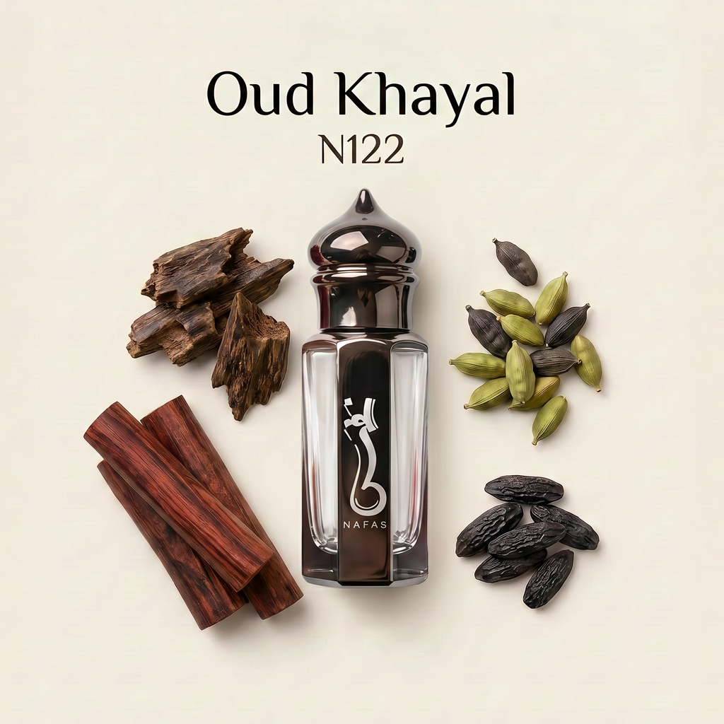 A clear glass perfume bottle with a black cap and a black central label featuring a white snake-like logo, arranged on a light beige background with spices and seeds around it. Text above reads 'Oud Khayal N122'.