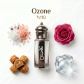A perfume bottle labeled 'Ozone N110' centered on a white background, surrounded by decorative props including pink salt, a magenta rose, caramel pieces, and a clear ice cube. The bottle has a dark metallic cap and base with a silver-toned central emblem.