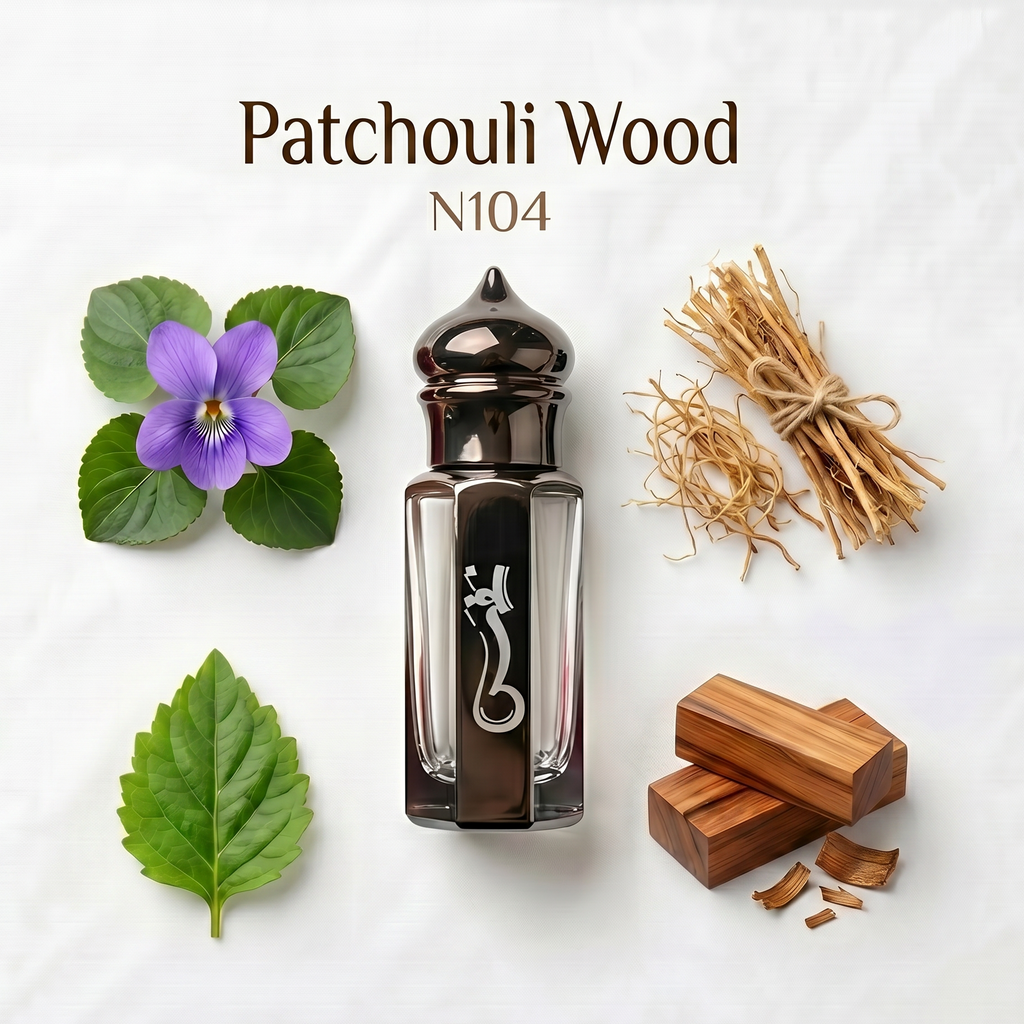 Patchouli Wood N104 perfume bottle with natural elements on a white background