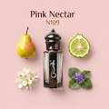 A perfume bottle labeled 'Pink Nectar N109' centered on a soft pink background, surrounded by a pear, lime slice, white blossoms, and purple flowers. The bottle is dark glass with a black cap and a silver snake motif on the front.