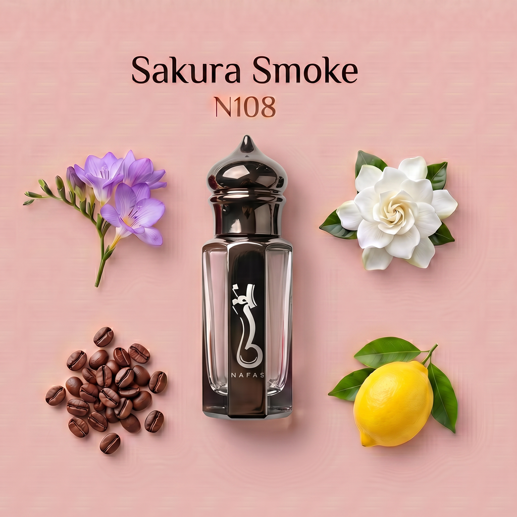 A perfume bottle labeled 'Sakura Smoke N108' centered on a soft pink background, surrounded by decorative ingredients: purple flowers, a white flower, coffee beans, and a lemon. The bottle itself is clear glass with a glossy black cap and black central label featuring a white cat silhouette.
