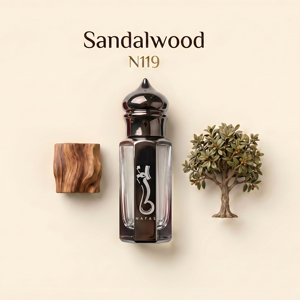 A perfume bottle labeled 'Sandalwood N119' with a dark cap, shown on a warm cream background with a wood block and a small tree prop. The bottle has a black central panel with a white snake-like logo and the word 'NABIA'.