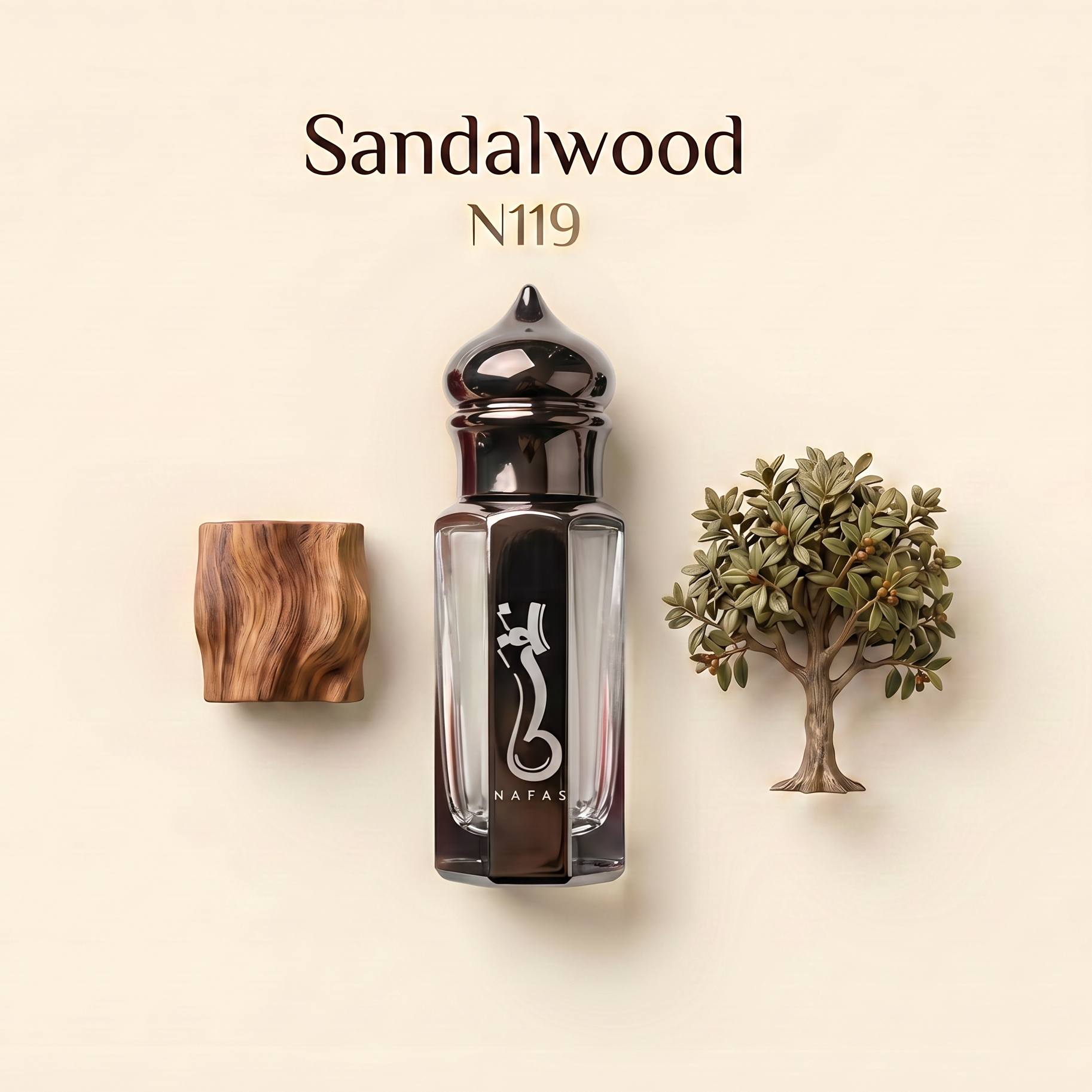 A perfume bottle labeled 'Sandalwood N119' with a dark cap, shown on a warm cream background with a wood block and a small tree prop. The bottle has a black central panel with a white snake-like logo and the word 'NABIA'.