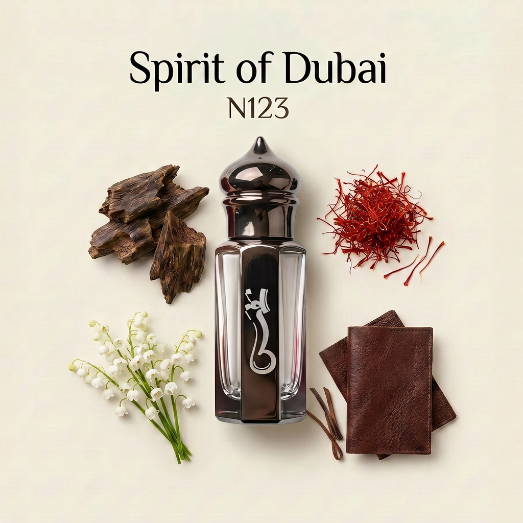 A perfume bottle labeled 'Spirit of Dubai N123' arranged on a light cream background with decorative ingredients and accessories: dark wood pieces, white lily of the valley flowers, red saffron threads, and brown leather sheets. The bottle is clear glass with a dark metallic cap and a silver crescent moon emblem.