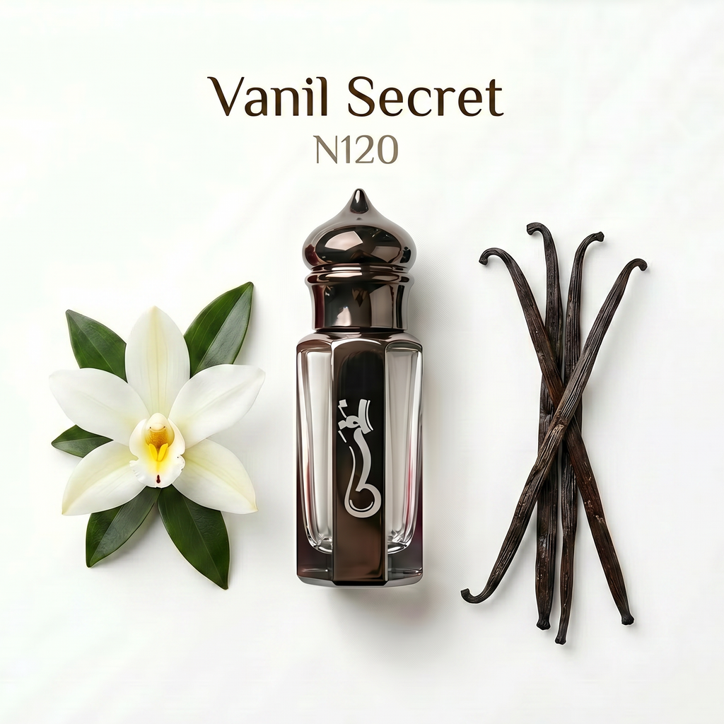Vanilla-themed product with a flower and vanilla beans on a white background, featuring 'Vanil Secret' N120.