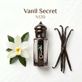 Vanilla-themed product with a flower and vanilla beans on a white background, featuring 'Vanil Secret' N120.