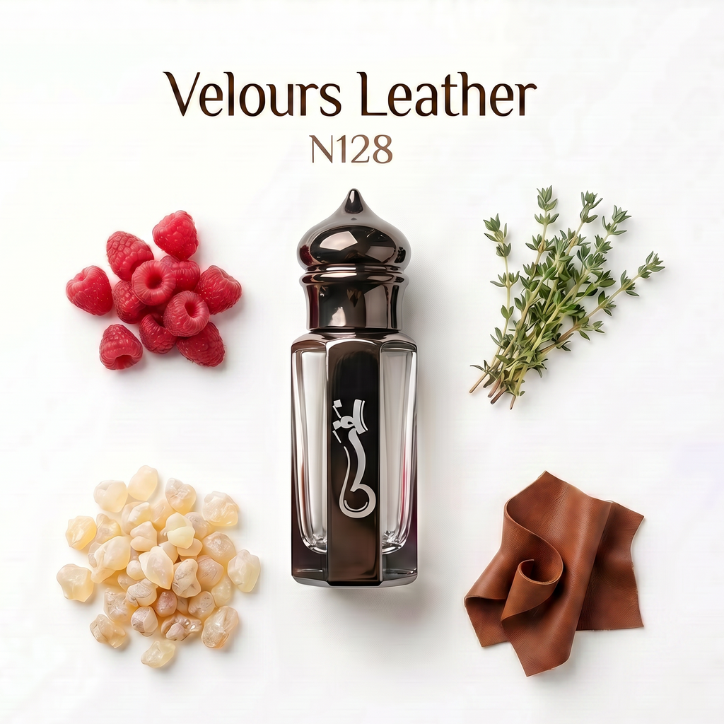 A perfume bottle labeled 'Velours Leather N128' arranged on a white background with scent notes including raspberries, amber pieces, green herbs, and a brown fabric swatch.