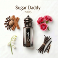 Perfume bottle labeled 'Sugar Daddy N105' surrounded by spices and flowers on a white background
